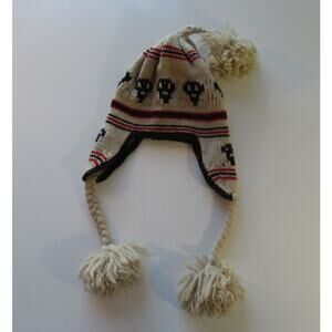 Peruvian Trading 100% Highland Wool Hat With Ear Flaps Pom Poms Skulls Unisex